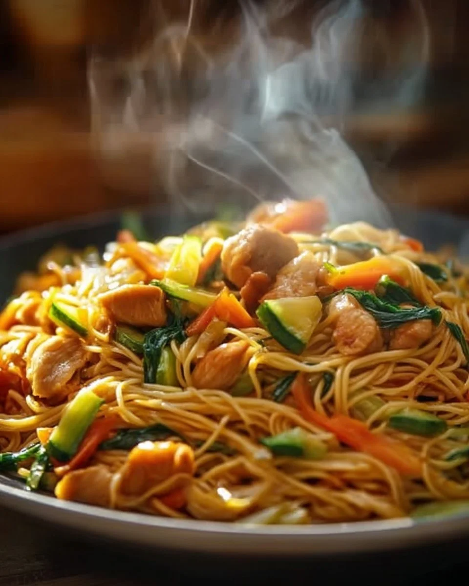 Wok de Poulet aux Nouilles et Légumes prêts à être servis dans une assiette
