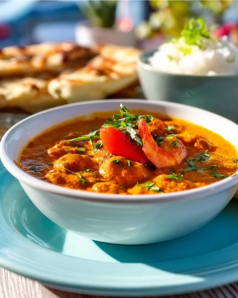 Crevettes au curry avec lait de coco dans un plat savoureux