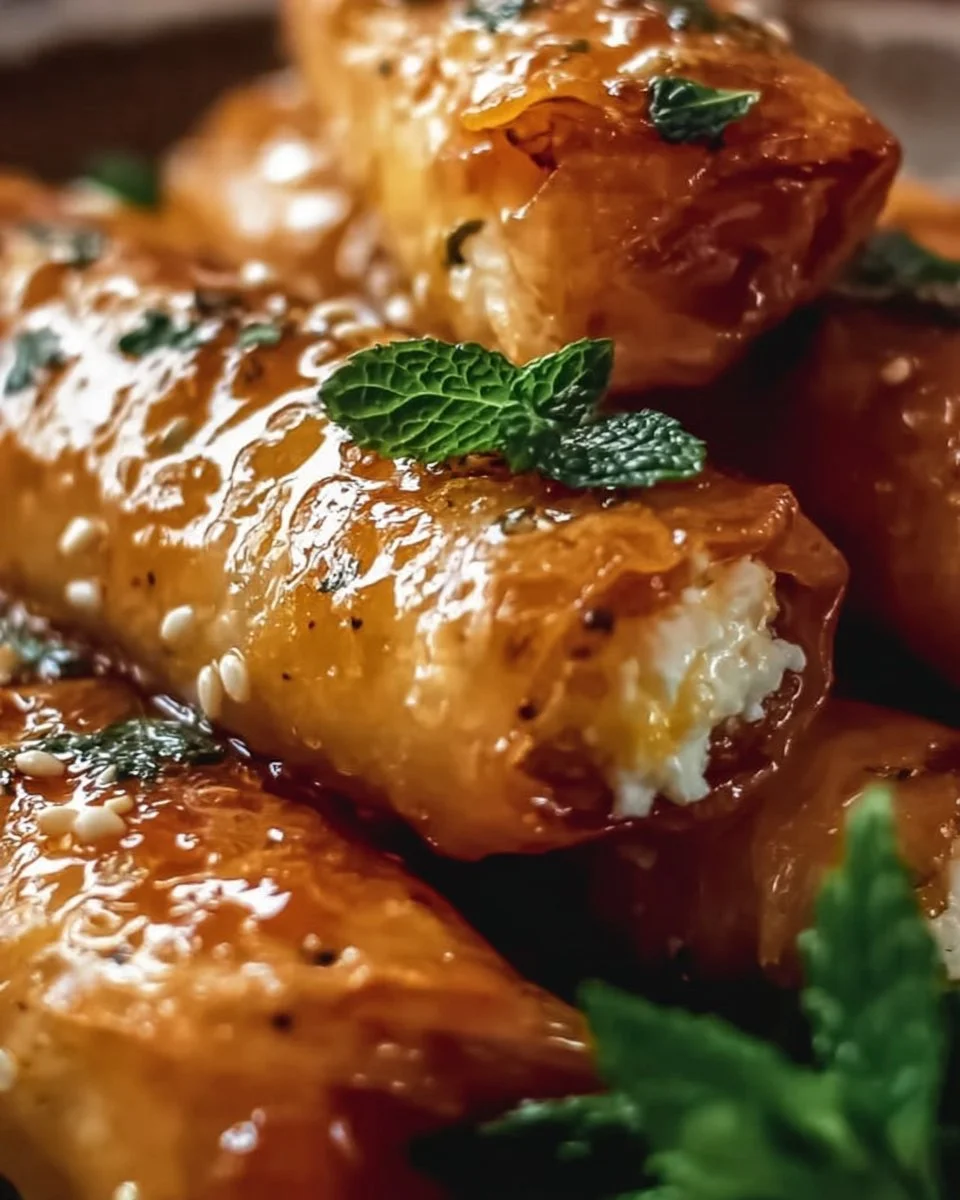 Rolls de feta croustillants cuits au four, prêts à déguster.