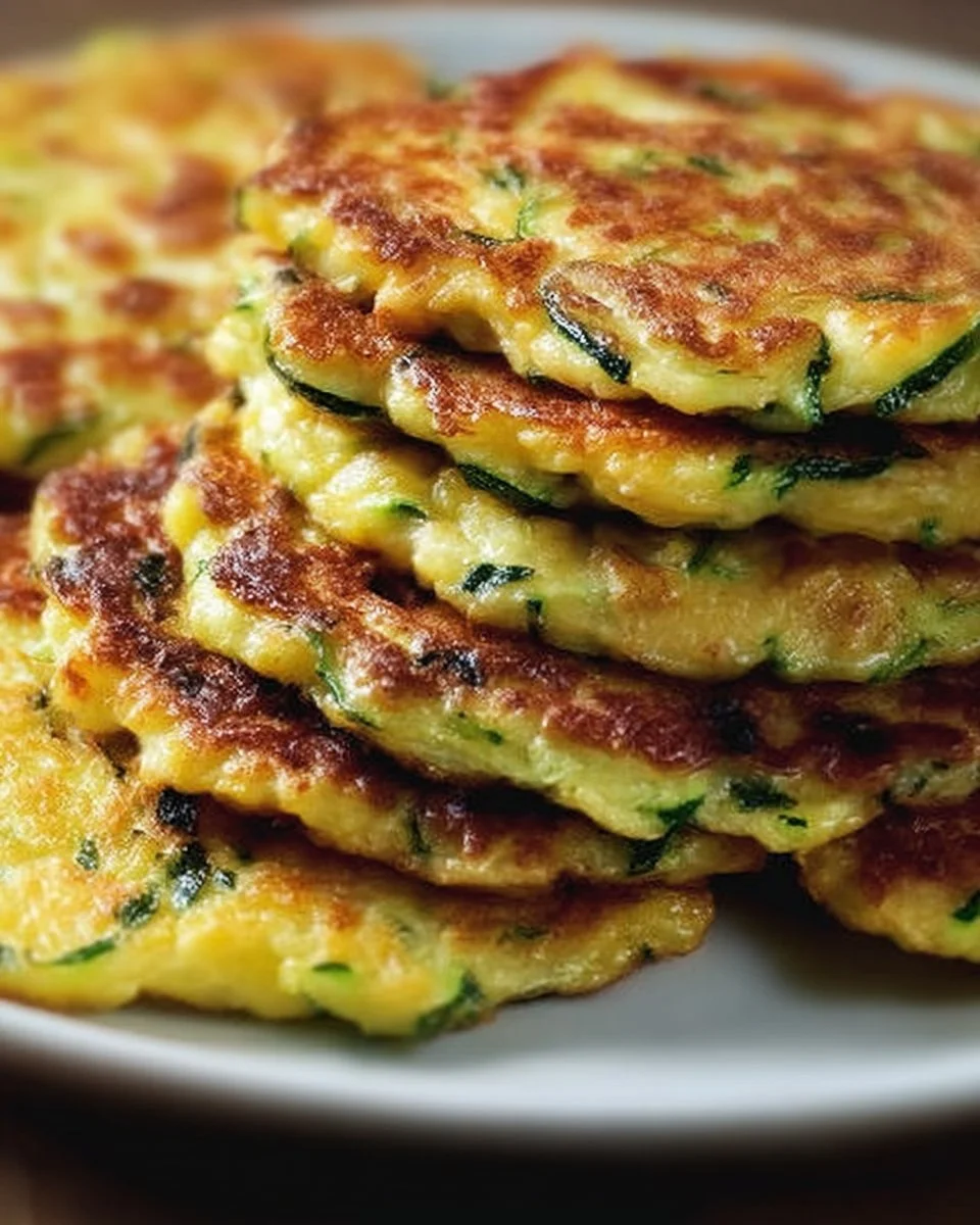Galettes de courgettes dorées et croustillantes sur une assiette.