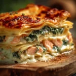 Plat de lasagnes au saumon et aux épinards, gourmand et coloré.