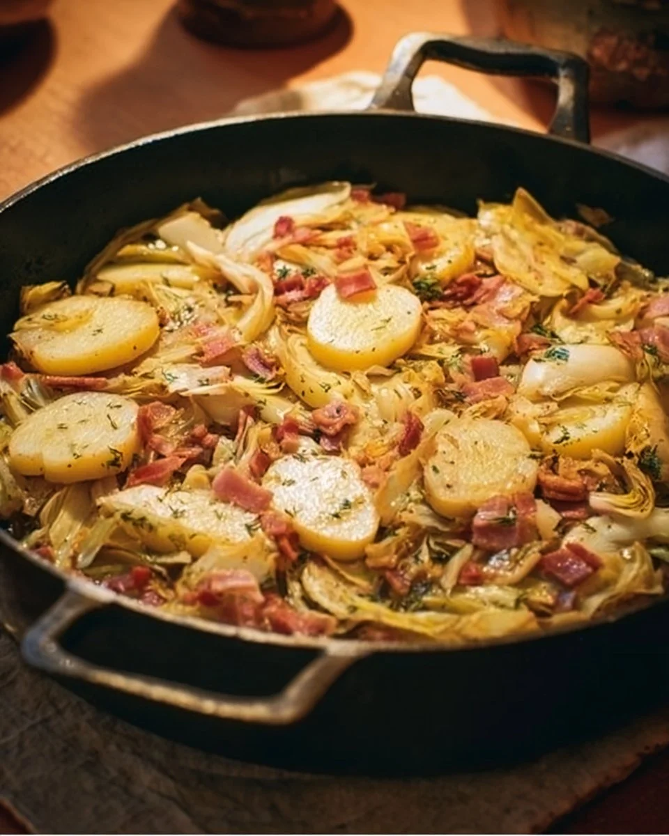 Poêlée paysanne aux endives servie dans une assiette colorée avec légumes variés.