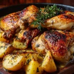 Poulet rôti au four servi avec des légumes colorés et une sauce savoureuse.