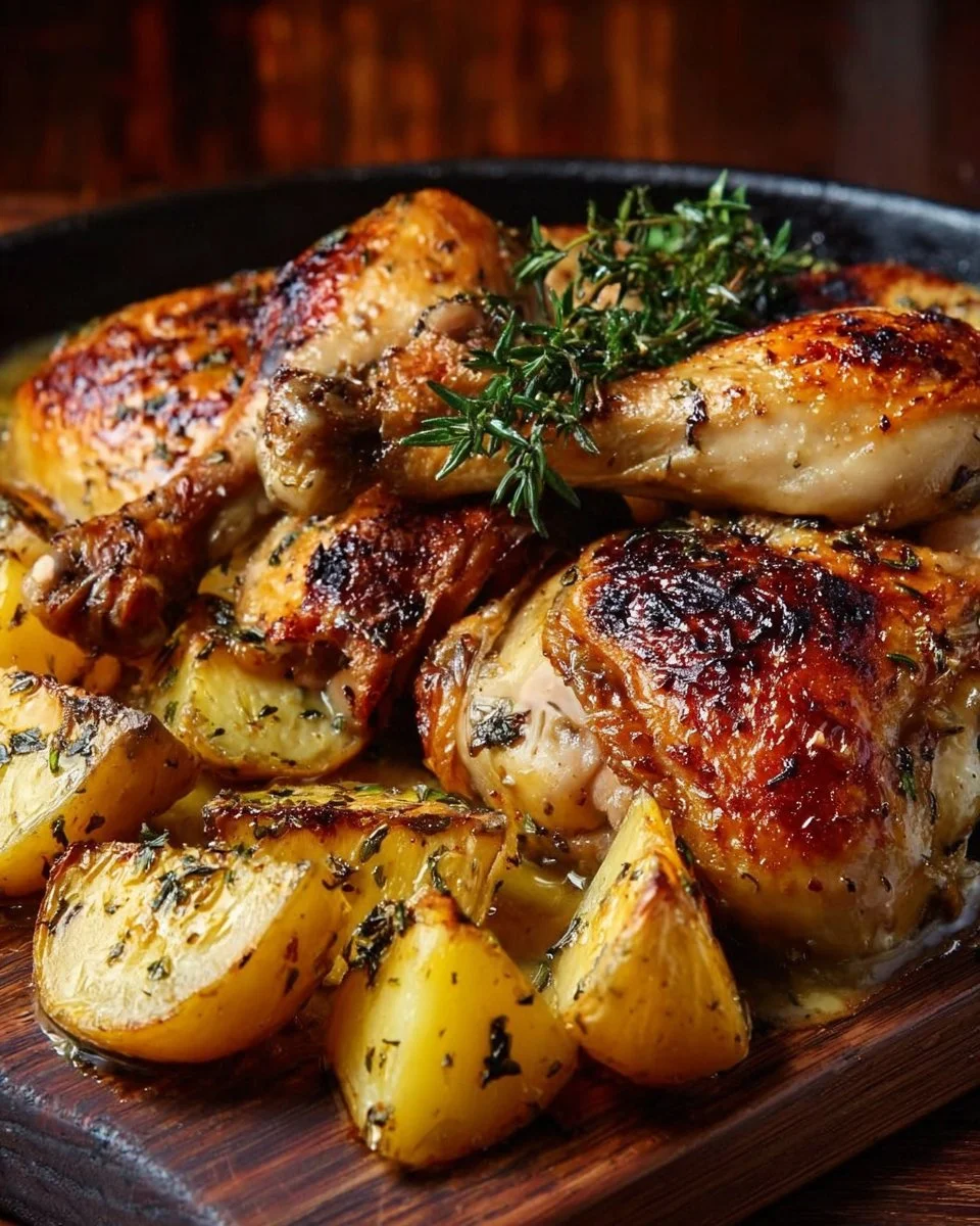 Poulet rôti au four servi avec des légumes colorés et une sauce savoureuse.