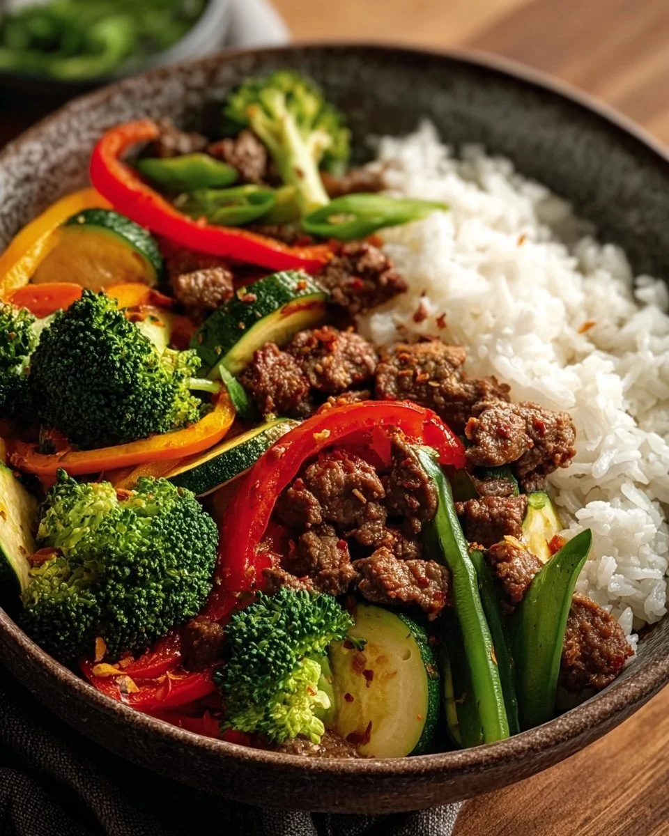 Sauté de bœuf épicé avec riz vapeur, plat savoureux et épicé