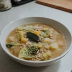 Soupe de farro avec chou de Milan et pommes de terre dans un bol