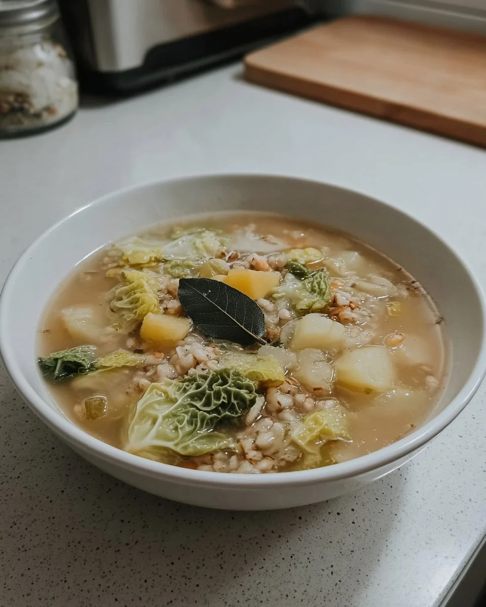 Soupe de farro avec chou de Milan et pommes de terre dans un bol