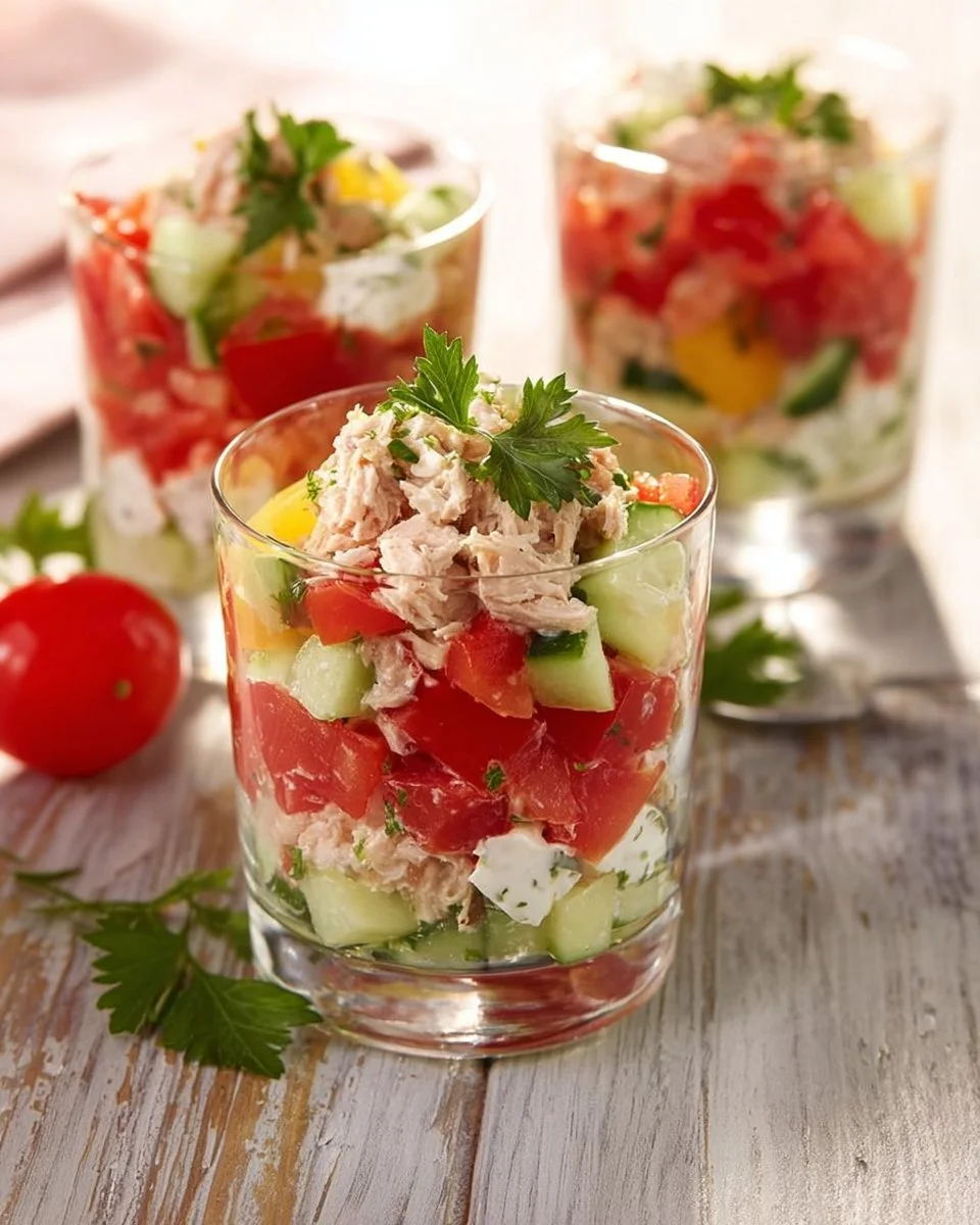 Verrines de concombre, tomates et feta garnies.