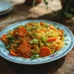 Wok de nouilles avec dinde au curry et lait de coco
