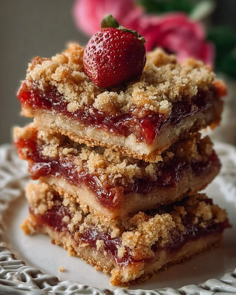 Barres crumble aux fraises et rhubarbes prêtes à déguster