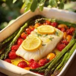 Cabillaud au four avec asperges et tomates cerises, plat savoureux et sain