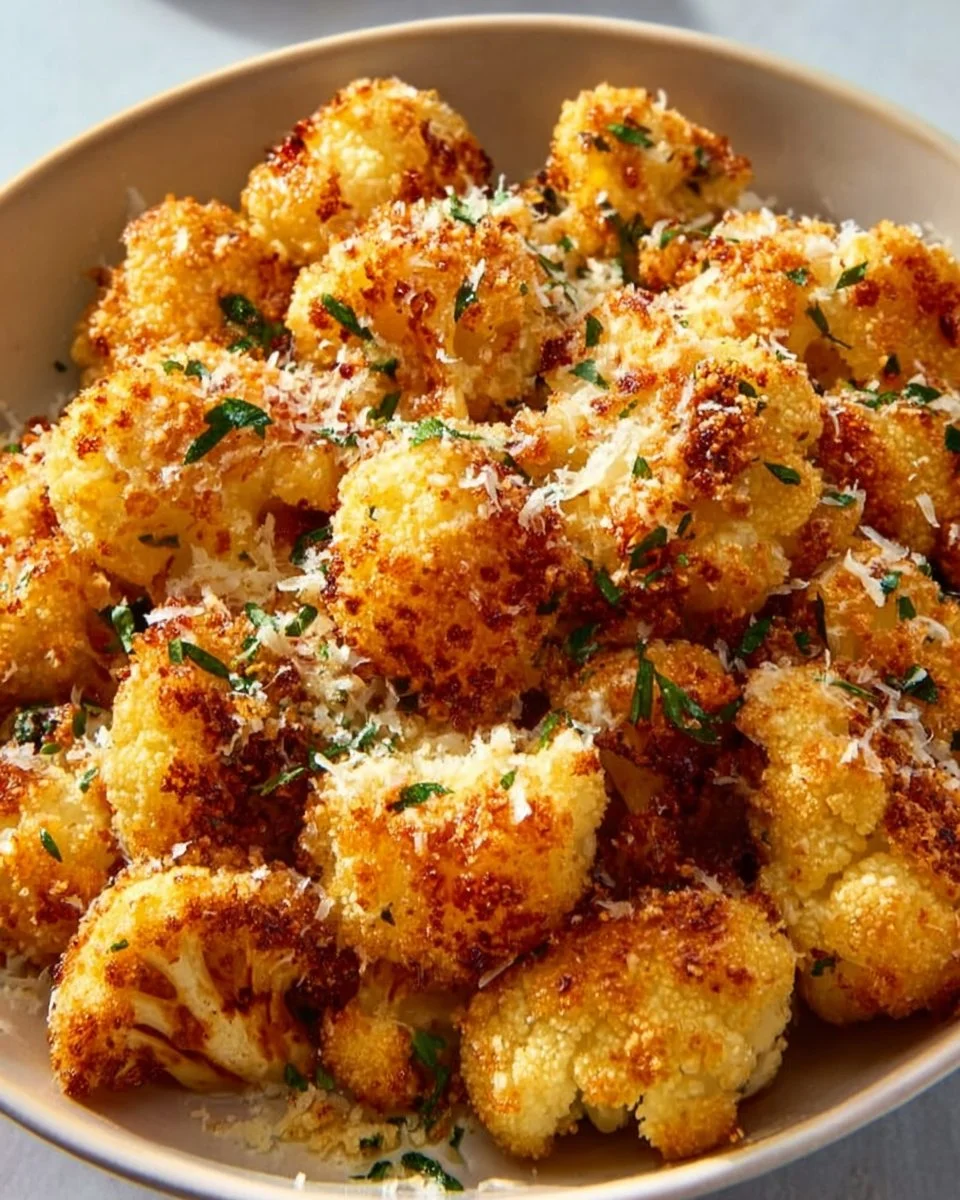 Chou-fleur rôti croustillant au parmesan, un délice doré et savoureux.
