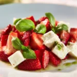 Fraises à la fêta servies dans un plat élégant avec des herbes fraîches.