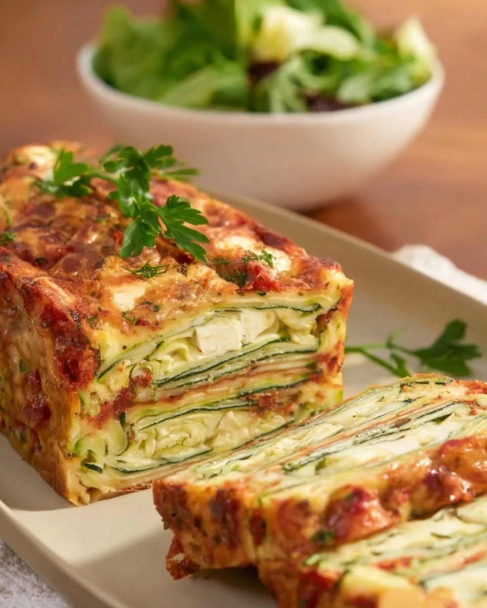 Gâteau invisible à la courgette et feta avec tomates confites, plat savoureux et léger
