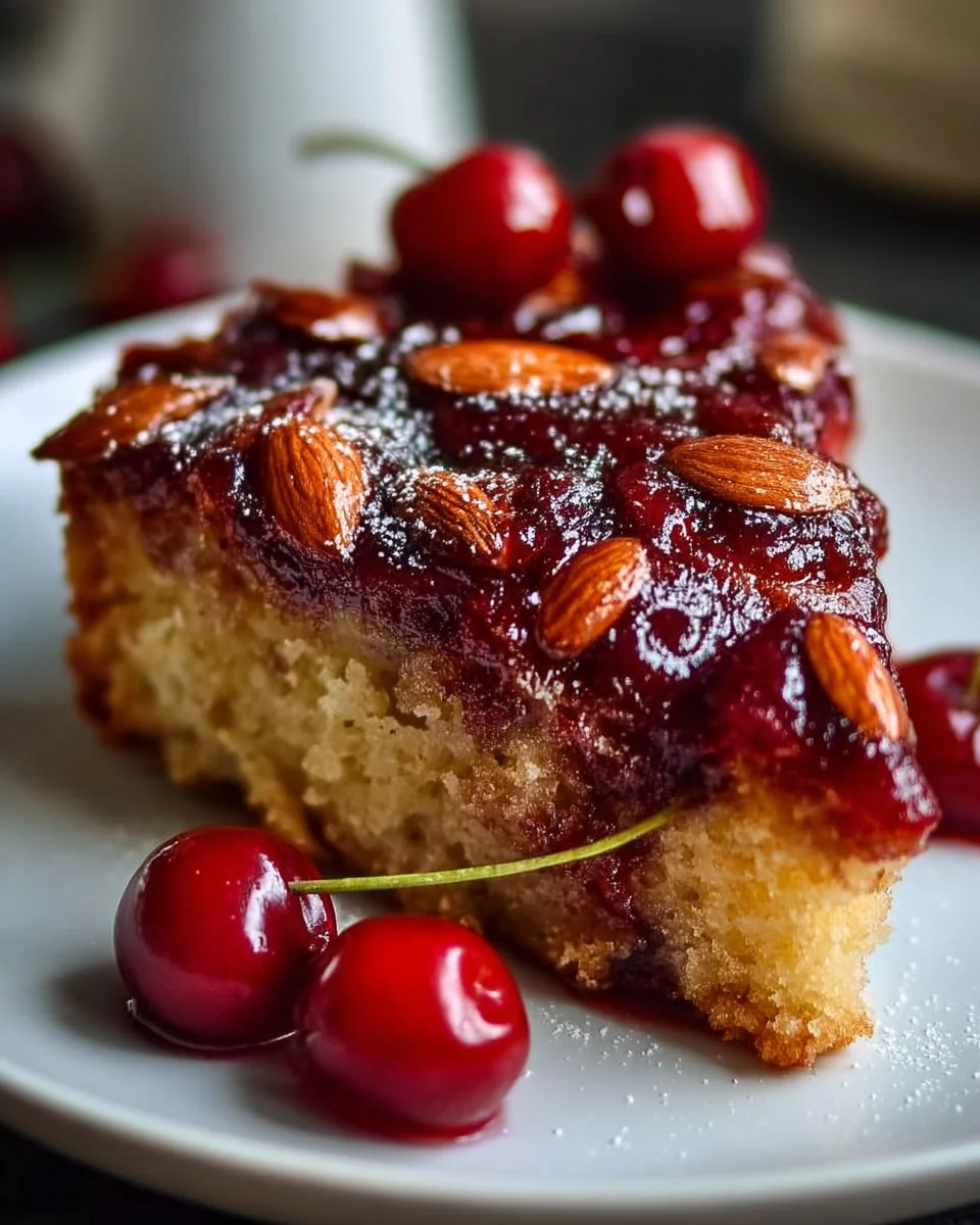 Gâteau renversé cerise et amande, un délicieux dessert moelleux et fruité.