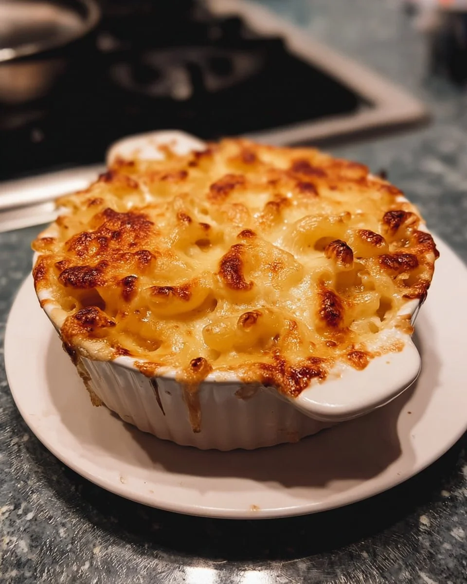 Gratin de macaroni de Paul Bocuse dans un plat en céramique doré