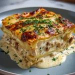Lasagnes au Poulet et Béchamel avec une croûte dorée et fondante