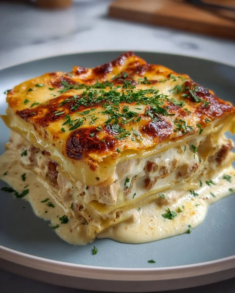 Lasagnes au Poulet et Béchamel avec une croûte dorée et fondante