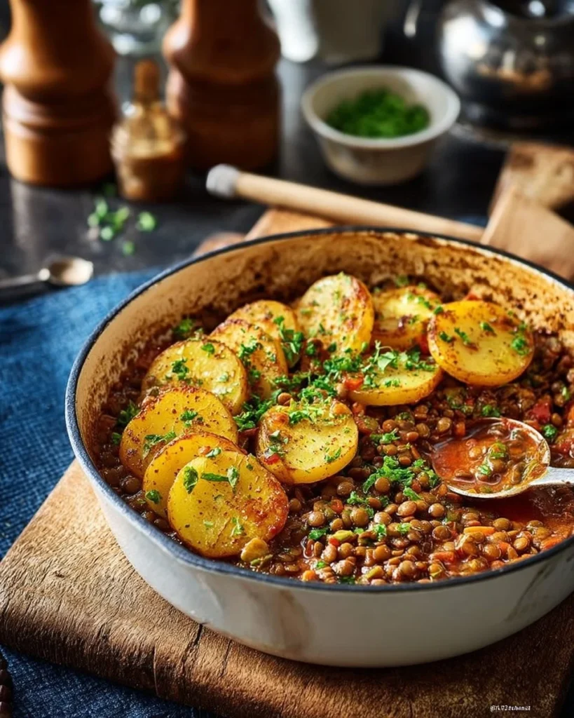 Lentilles à la tomate et pommes de terre croustillantes