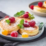 Pancakes japonais moelleux présentés sur une assiette avec des fruits frais