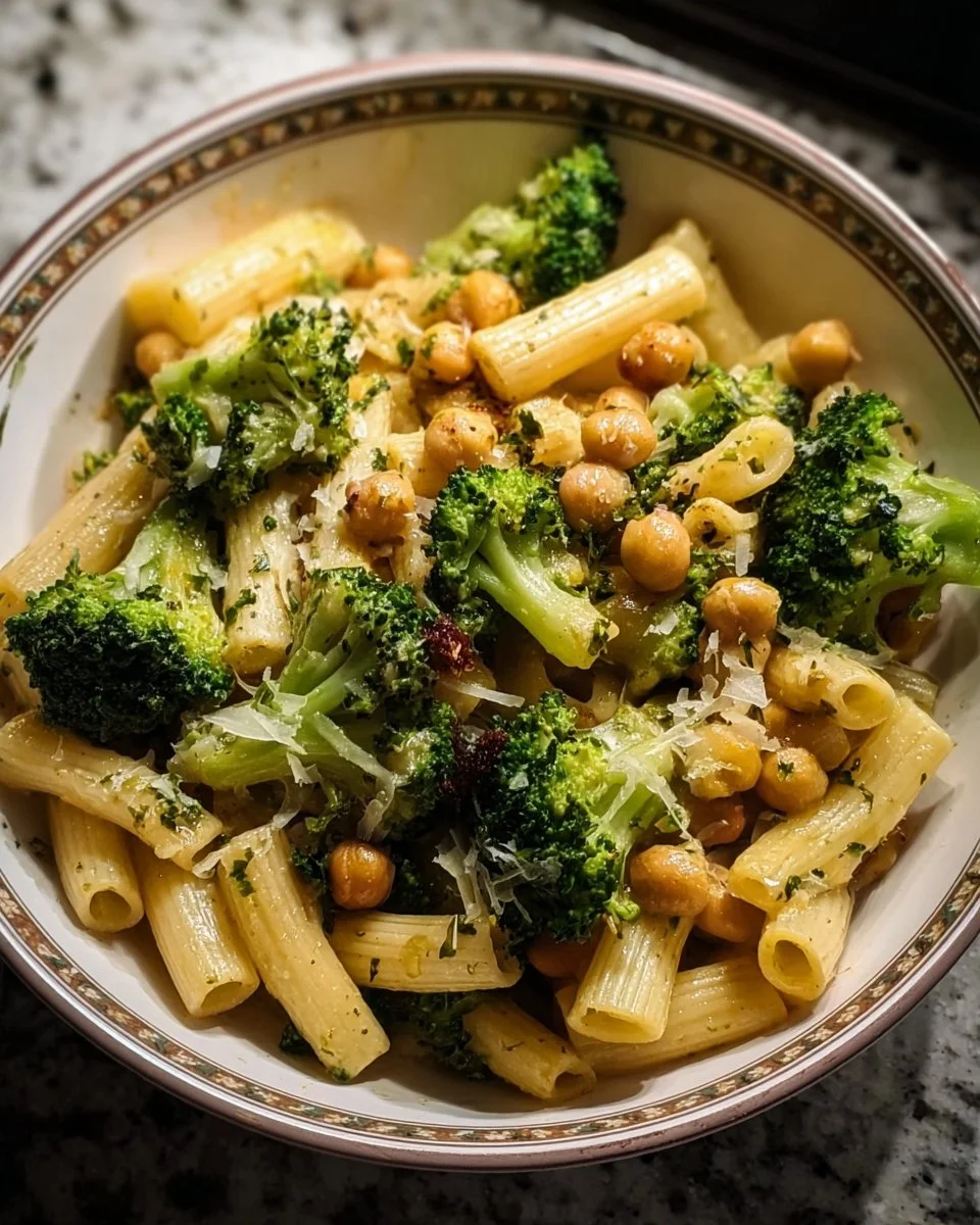 Pâtes au brocoli et aux pois chiches dans un plat coloré