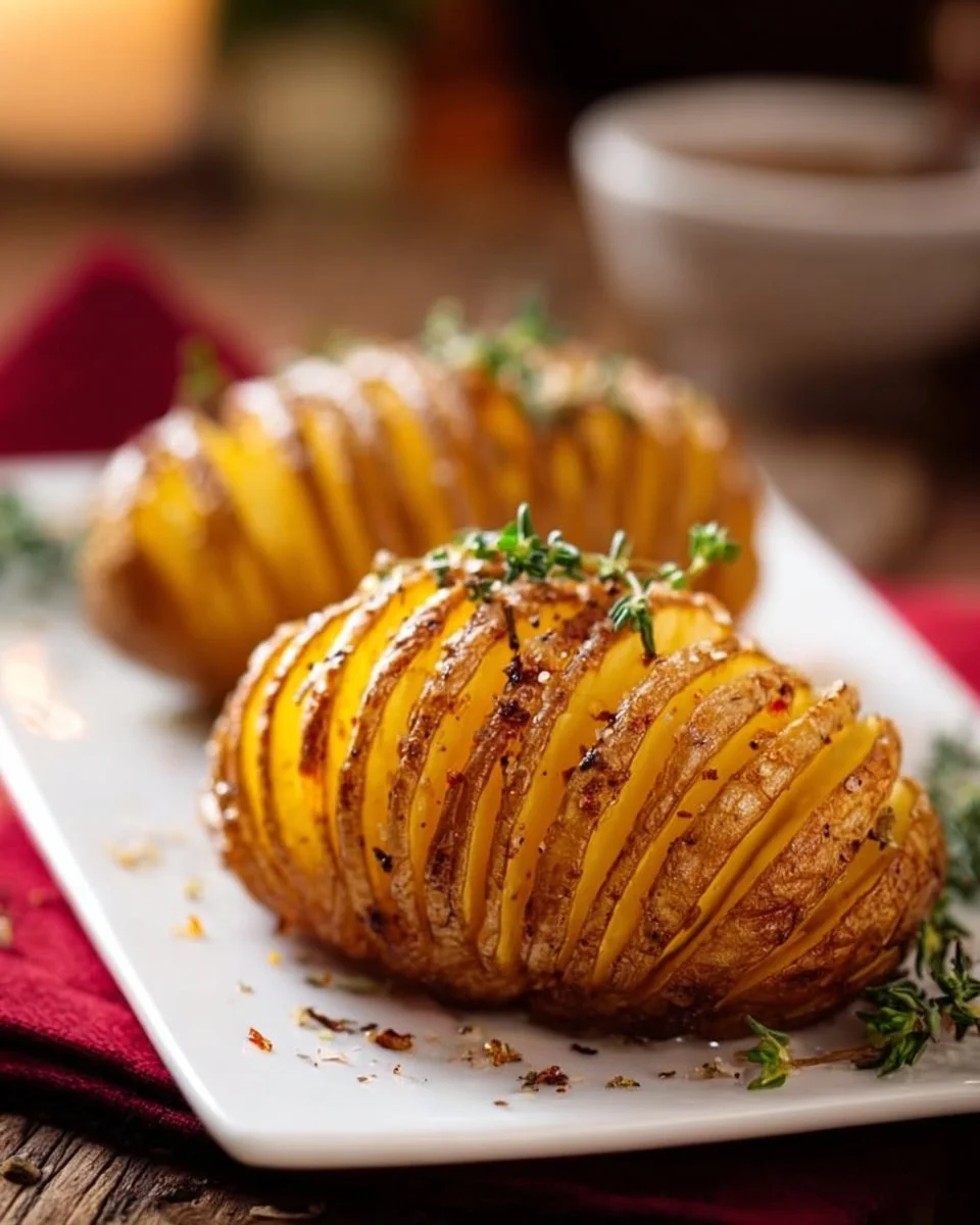 Pommes de terre Hasselback dorées et croustillantes sur une assiette.