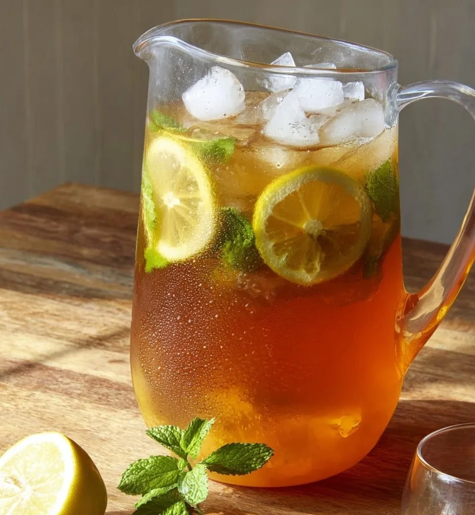 Thé glacé maison aux fruits estivaux dans un verre