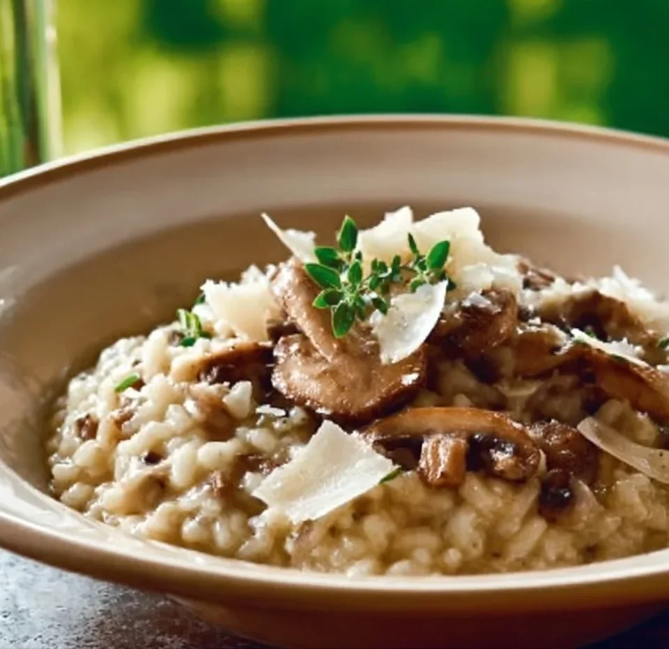 Risotto crémeux aux champignons de saison et parmesan, plat savoureux et réconfortant.