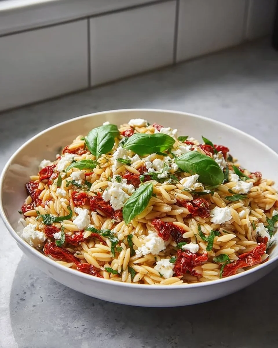 Salade méditerranéenne à l'orzo avec légumes frais et herbes aromatiques