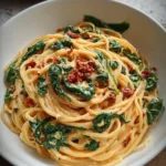 Spaghetti aux épinards avec sauce crémeuse aux tomates séchées au soleil