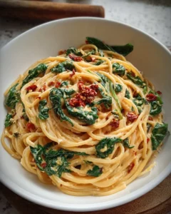 Spaghetti aux épinards et sauce crémeuse aux tomates séchées au soleil