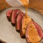 Pavé de boeuf servi avec sauce au poivre dans une assiette élégante.