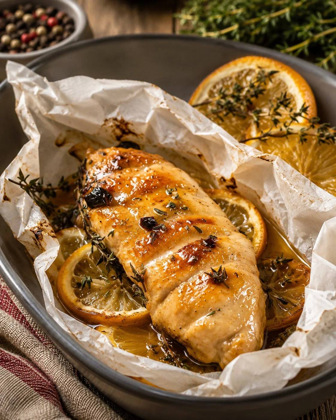 Poulet en papillotes aux agrumes, plat sain et délicieux