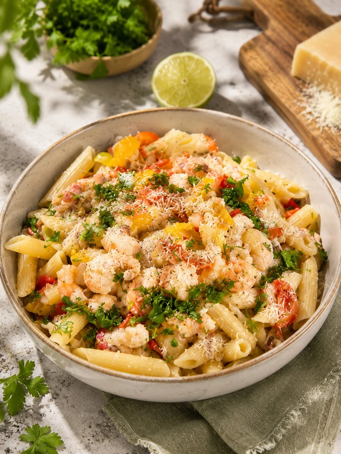 Visuel d'une salade de pâtes colorée et savoureuse, prête à déguster.