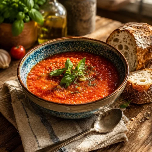 Soupe toscane au pain et tomates servie dans un bol
