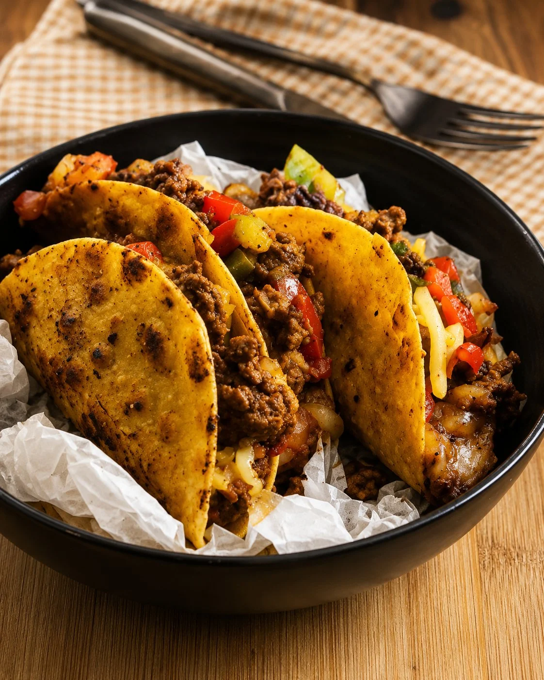 Tacos épicés au bœuf dans une assiette, garnis de légumes frais.