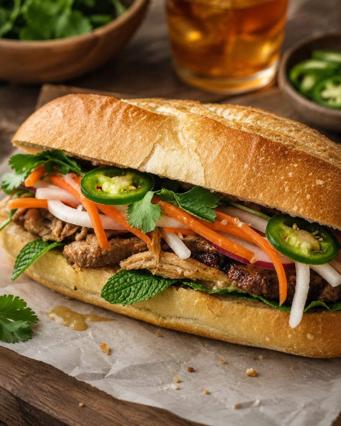 Sandwich Banh Mi traditionnel vietnamien avec légumes frais et viande