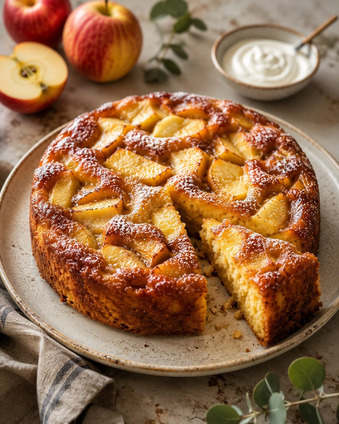 Gâteau moelleux aux pommes et crème fraîche, dessert savoureux et réconfortant.