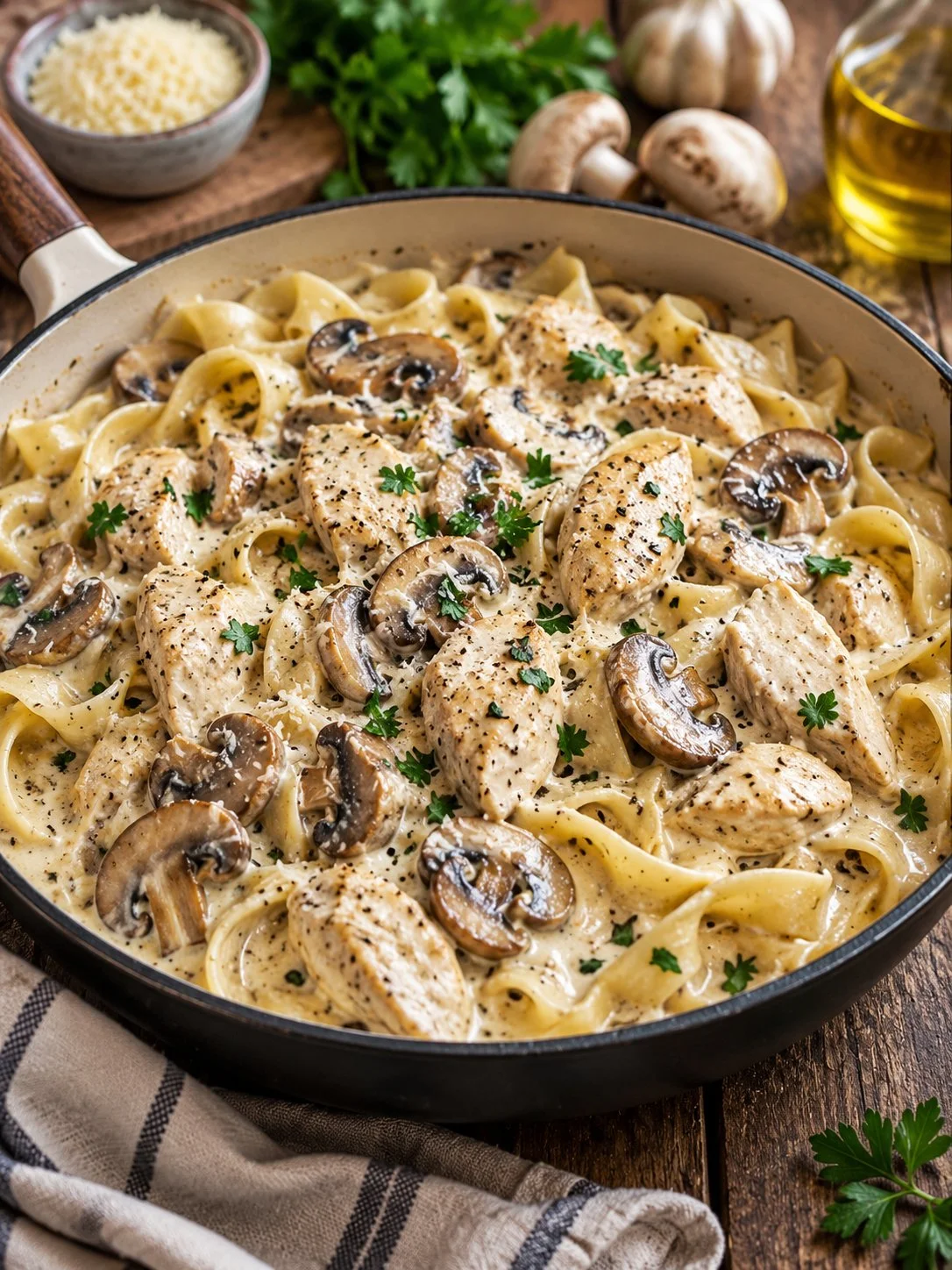 Plat de Crème de Poulet et Champignons servi avec des Pâtes