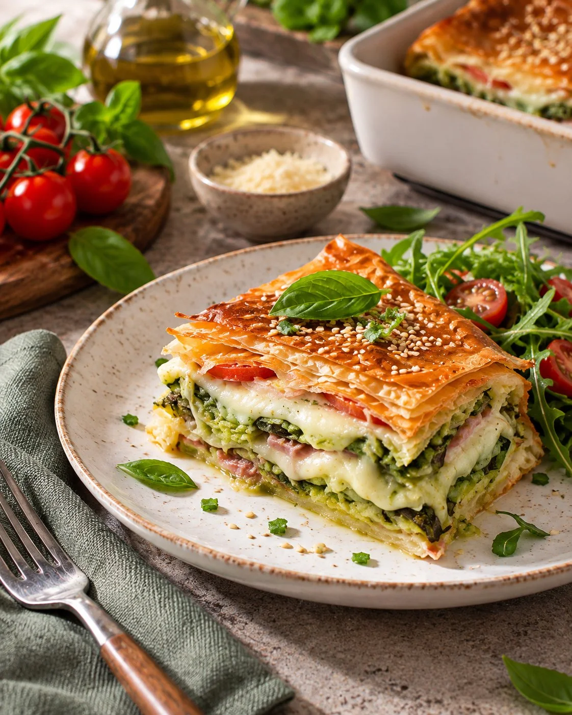 Feuilleté croustillant aux courgettes et mozzarella, parfait pour un repas léger
