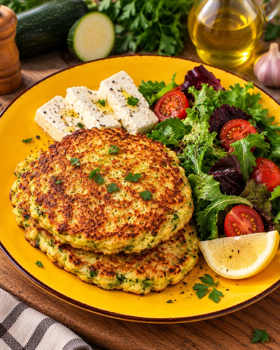 Pancakes à la courgette dorés et moelleux, servis avec des garnitures appétissantes.